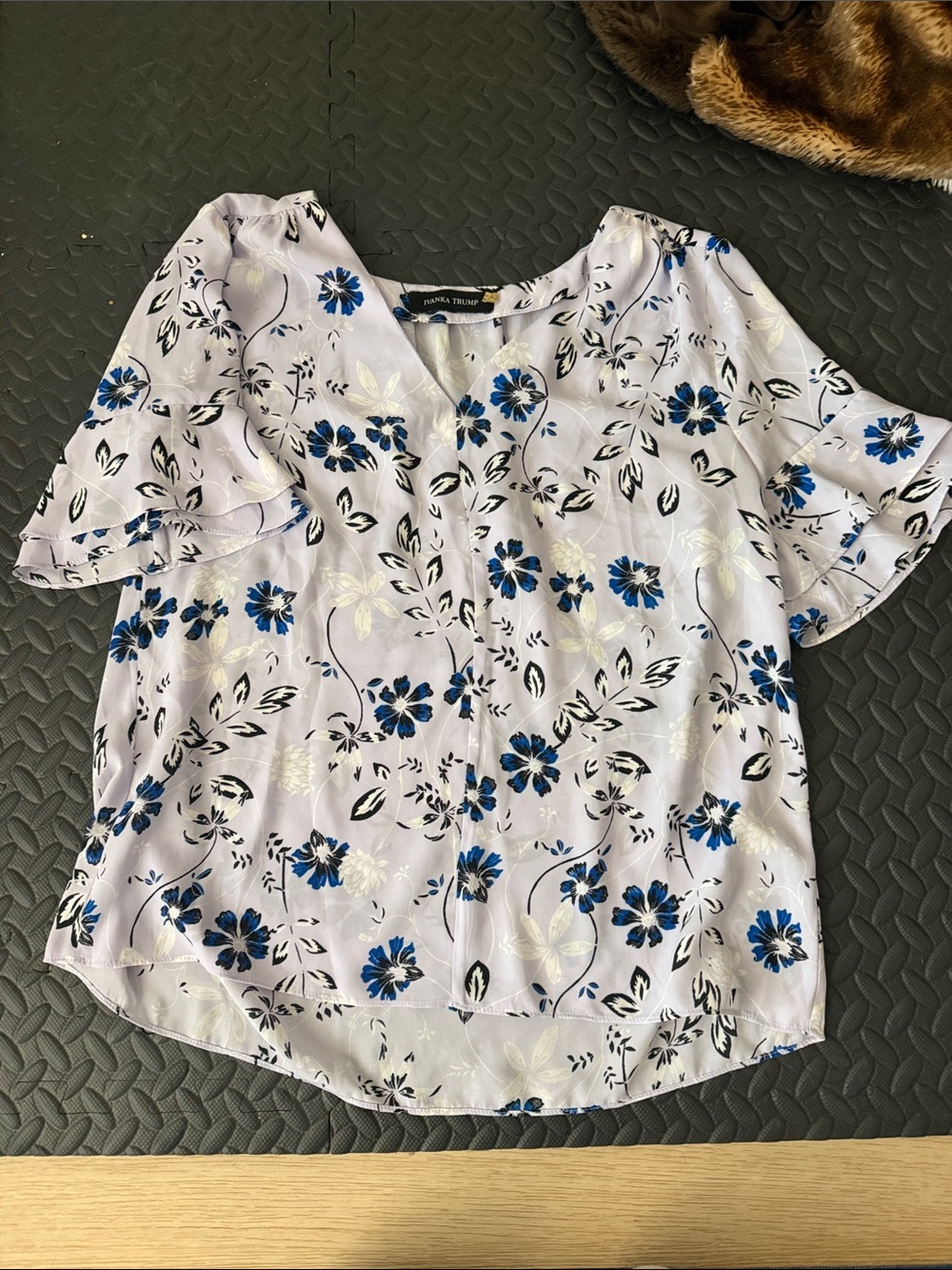 Ivanka  Lilac Floral V-Neck Ruffle Sleeve Blouse with Blue Blossoms